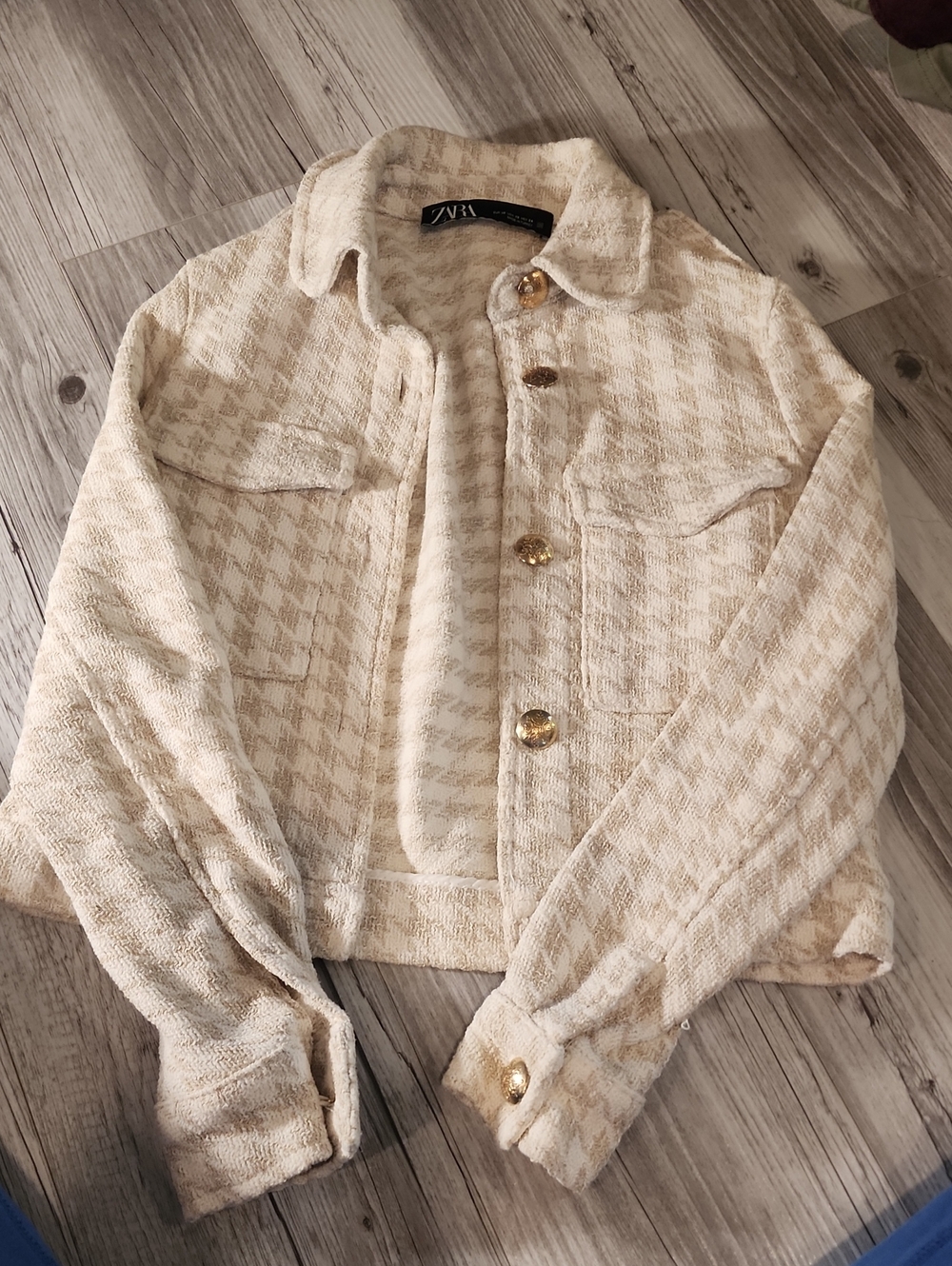 Zara Cream Houndstooth Tweed Button-Front Jacket